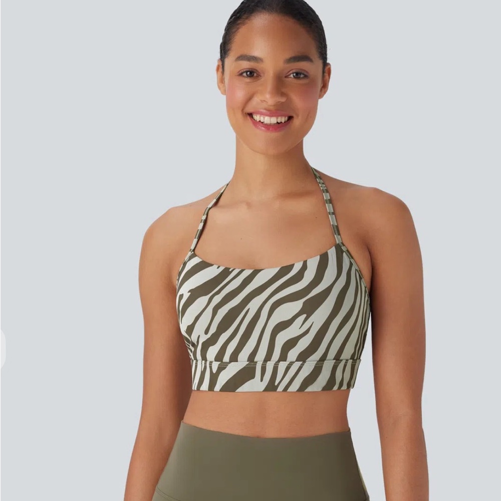 NWT Halara low support halter zebra print yoga bra - size L, color sage zebra